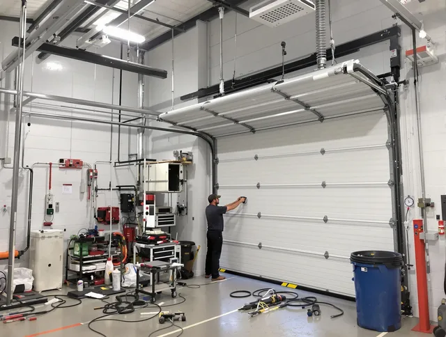 Ledyard Garage Door Repair certified technician performing commercial door repair at a Ledyard business facility
