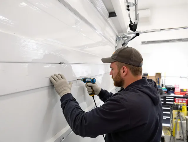 Ledyard Garage Door Repair technician demonstrating precision dent removal techniques on a Ledyard garage door
