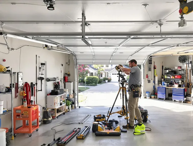 Ledyard Garage Door Repair specialist performing laser-guided track alignment in Ledyard